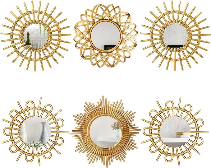 6 espejos para decoración de pared, de sol circulares pequeños, arte de pared decorativo, de entrada, circular colgante para pared, decoración del hogar, baños